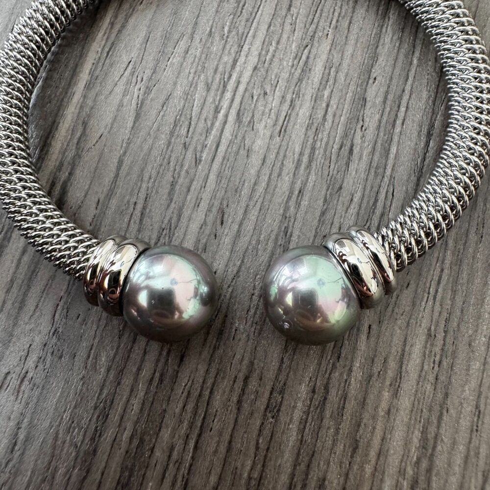 Majorica Women's Stainless Steel Rhodium Plated Bangle Bracelet Organic Pearl - Picture 4 of 8